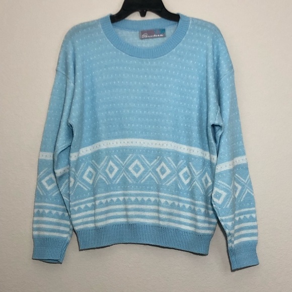 Vintage Sweaters - Pinwheels Vintage Ski Lodge Baby Blue and White Geometric Knit Sweater size M